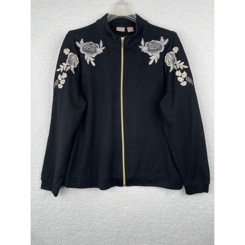 Chicos Zenergy Womens Black Floral Embroidered Full Zip Sweater Jacket Size 2 L